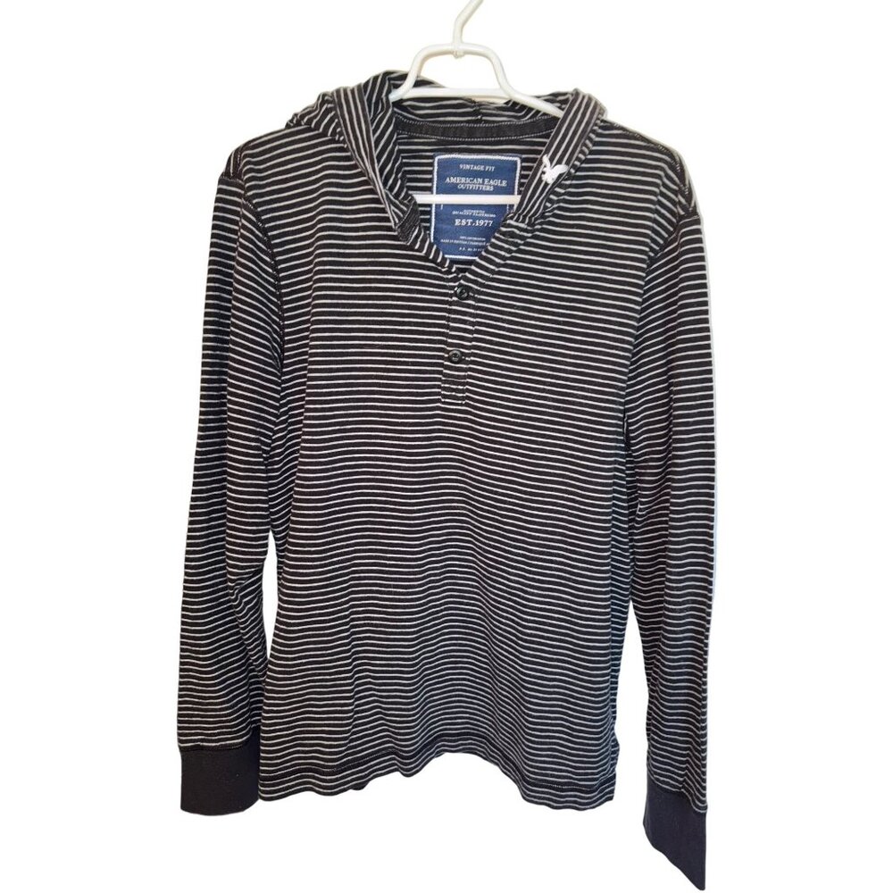 American Eagle Outfitters Vintage Y2K Striped Long Sleeve Hooded Henley Y2K XL